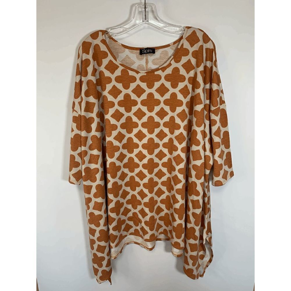 Spin USA Women's Elbow Sleeve Mustard Geometric Print Cream Top Size 2XL